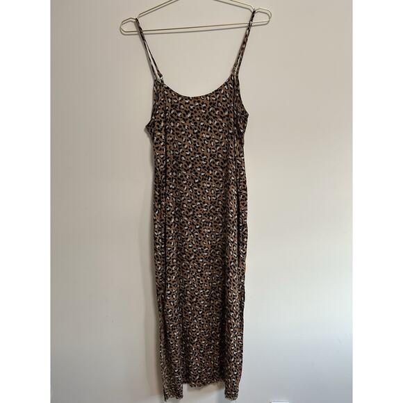 VTG Aerie Slip Dress Med Maxi Leopard Print Strappy V Neck Side Slits Raw Hem - Picture 6 of 10